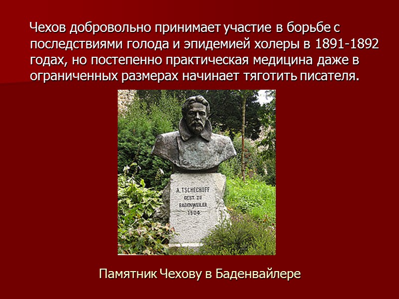 Памятник Чехову в Баденвайлере    Чехов добровольно принимает участие в борьбе с
